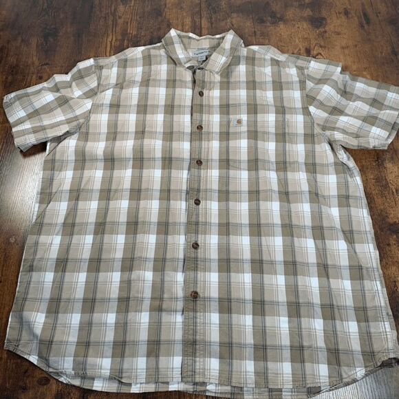 Carhartt Button Down Shirt Mens Tan‎ Multicolor Plaid Short Sleeve Relaxed Fit - Picture 1 of 5